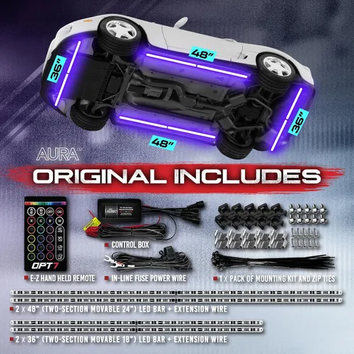 Vista 2 de OPT7 Aura Kit de Iluminación Underglow de Aluminio con Luz de Desbloqueo sin Llave, 4 piezas Tiras LED de Neón de Acento Exterior para Bajos