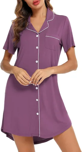 Vista 3 de Pjmlifecoco Camisones de manga corta con botones para mujer, ropa de dormir suave, vestido de pijama S-XXL