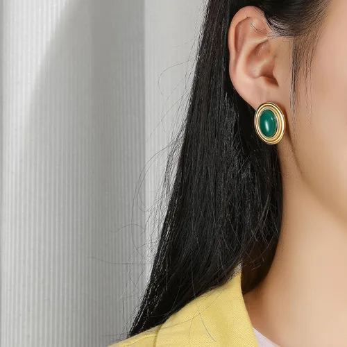 Vista 3 de Aretes gruesos de color dorado, geométricos de oro de 18 quilates, turquesa, lapislázuli, verde, rojo, ovalados para mujer