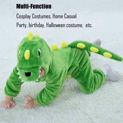 Vista 5 de QIAONIUNIU Disfraz de dinosaurio verde para bebé para Halloween, mameluco para niños pequeños, rómper para cosplay, de 30 a 36 meses