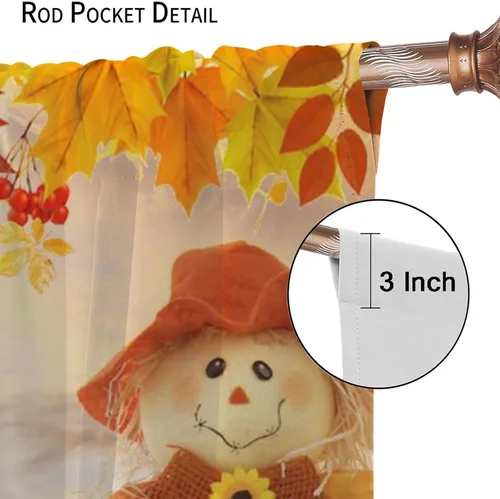 Vista 6 de Divertidas cortinas opacas de calabaza y espantapájaros para sala de estar, rústicas de otoño, hojas de arce, girasol, cosecha de otoño, puesta