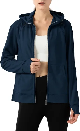 Vista 9 de Rdruko Sudadera con capucha y cremallera completa para mujer, con agujero para el pulgar, de algodón, con cremallera frontal, suave, ligera
