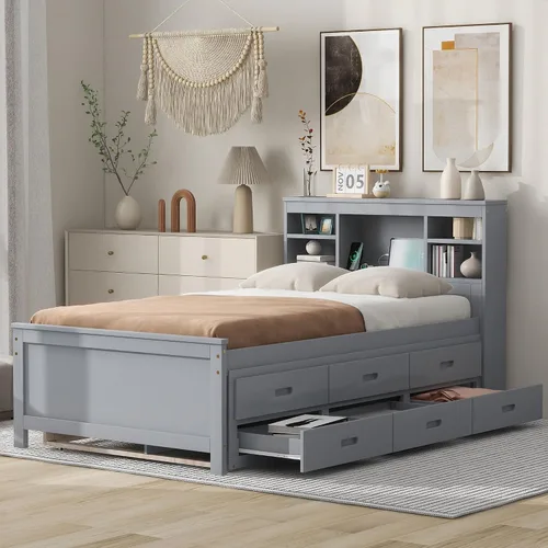 Vista 20 de VilroCaz Cama de plataforma multifunción de tamaño matrimonial con nido y cajones, plataforma de madera con cabecera de almacenamiento y enchufes