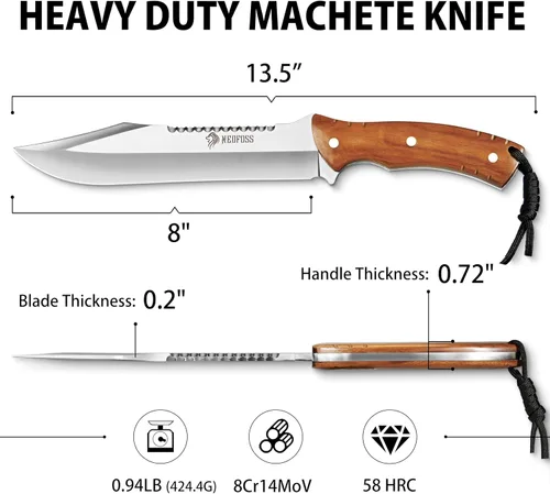 Vista 6 de NedFoss Cuchillo Machete de 13.5" con Funda de Cuero, Hoja de Acero 8Cr14Mov Resistente de 0.22" de Grosor con Espiga Completa, Machete Kukri
