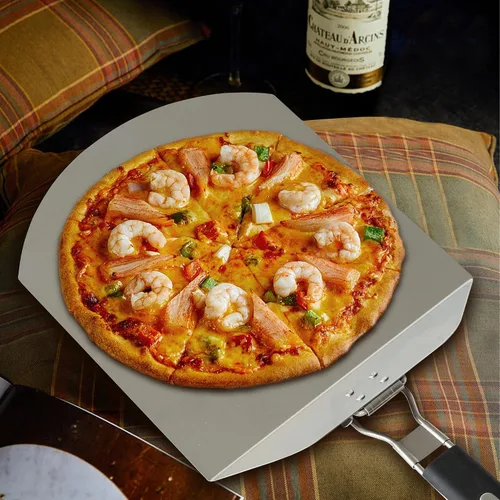 Vista 6 de Pizza Peel BIG HORN - Espátula de pizza de metal con mango de goma, espátula de pizza de acero inoxidable perforada