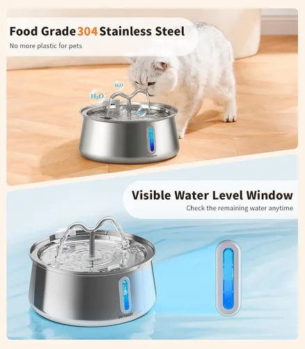 Vista 4 de Fuente de agua para gatos de acero inoxidable: fuente para gatos de gran capacidad de 135 oz/4 litros con ventana de agua, fuente para mascotas