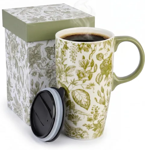 Vista 14 de Topadorn Taza de café de cerámica alta de viaje de 17 onzas con tapa sellada, juego de 2 Colorido diseño floral y de pájaros, apto para microondas