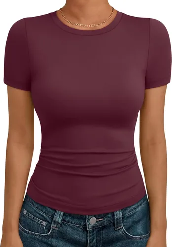 Vista 33 de AUTOMET - Camisetas básicas de manga corta para mujer, para verano, entrenamiento o gimnasio, con cuello redondo, ropa moderna estilo Y2K