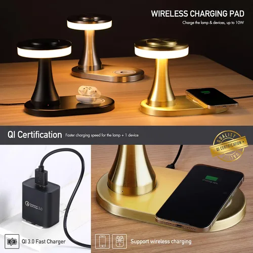 Vista 2 de O'Bright - Lámpara de mesa LED portátil con almohadilla de carga inalámbrica, lámpara de noche regulable y recargable, luz ambiental para Oro