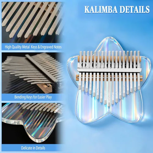 Vista 5 de Rainbow Star - Piano de pulgar acrílico Kalimba de 17 teclas, piano de dedo Mbira portátil con funda protectora EVA, martillo de afinación