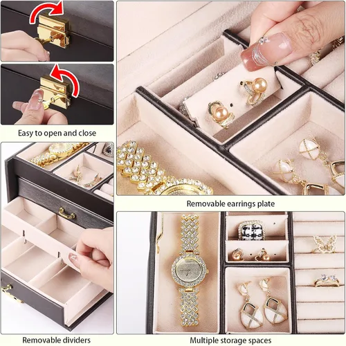Vista 4 de Joyero para niñas y mujeres, organizador de joyas de 3 capas con piel sintética, estuche de viaje con espejo, almacenamiento de joyas para aretes