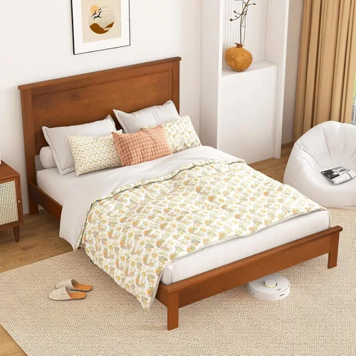 Vista 16 de KOMFOTT Armazón de Cama de Plataforma de Madera Tamaño Twin con Cabecero, Cama de Plataforma de Madera de Mediados del Siglo con Soporte de Listones