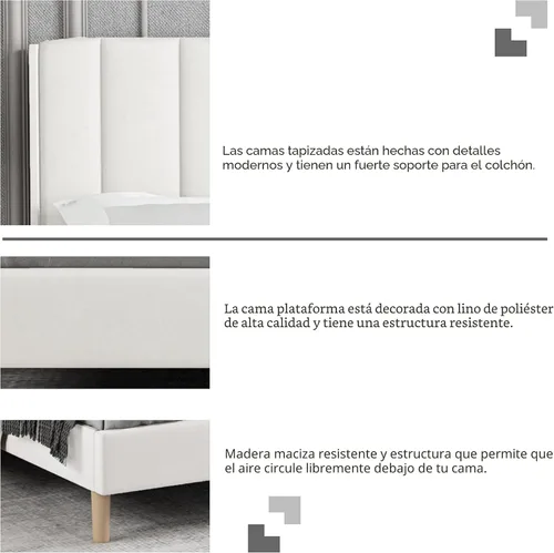 Vista 5 de Base de cama tapizada de tamaño individual con cabecero, listones de madera fuertes, no necesita somier, fácil montaje, terciopelo beige