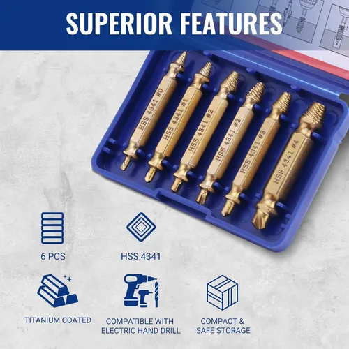 Vista 8 de WORKPRO Juego de 6 piezas de extractor de tornillos dañados, kit de extractor de pernos rotos con revestimiento de titanio, herramientas de remoción