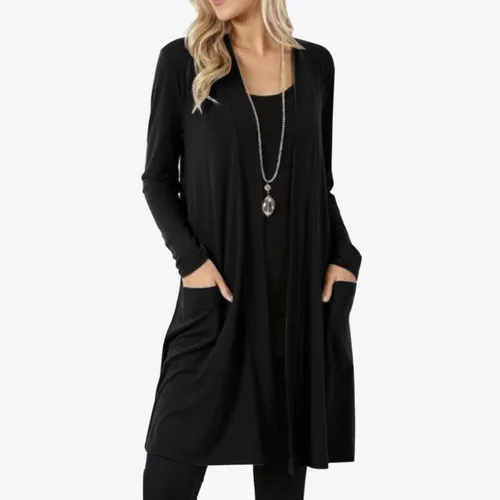 Vista 7 de Cárdigan de manga larga para mujer, cárdigan de otoño con frente abierto, con bolsillos, cárdigan ligero, casual, plumero exterior para mujer