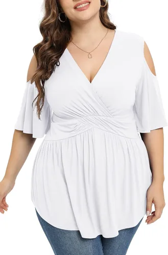 Vista 3 de TIANZHU Camisetas de talla grande para mujer, sexy, con cintura imperio, camisas de manga corta con detalle de hombros descubiertos