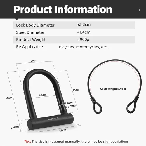 Vista 5 de ROCKBROS Bike U Lock Soporte de montaje antirrobo 21.4mm Alloy Steel C-Grade Lock Core, 12T Shear Resistance, 3 Copper Keys, Mounting Bracket