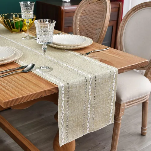 Vista 10 de Camino de mesa rústico de granja con rayas trenzadas, caminos de mesa bordados, decoraciones de mesa para cocina, sala de estar, comedor, días