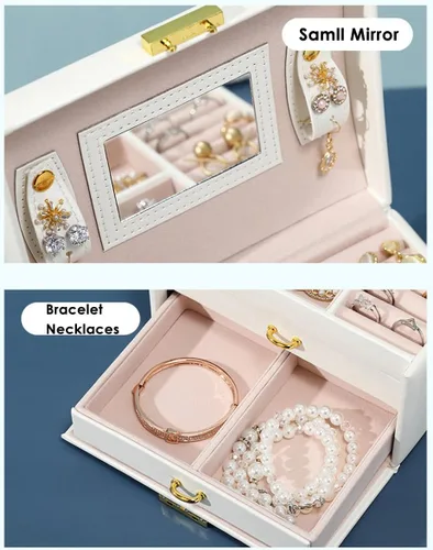 Vista 4 de Joyero para niñas, elegante organizador de joyas de 3 capas con espejo y cerradura, regalo ideal para edades de 8 a 12 años, estuche de viaje