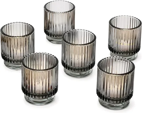 Vista 10 de Kate Aspen Juego de Portavelas de Vidrio Acanalado - 6 Portavelas Gris Humo para Velas de Té para Decoración del Hogar, Cocina, Habitación o Sala