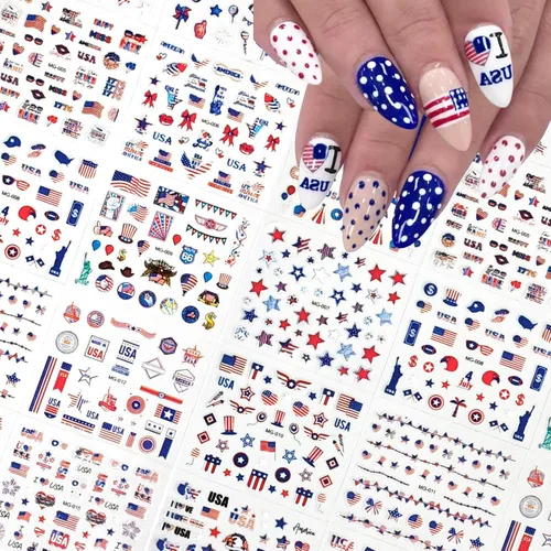 Vista 5 de 30 hojas de calcomanías de uñas del 4 de julio para arte de uñas, Día de la Independencia, calcomanías de arte en 3D, autoadhesivas, bandera