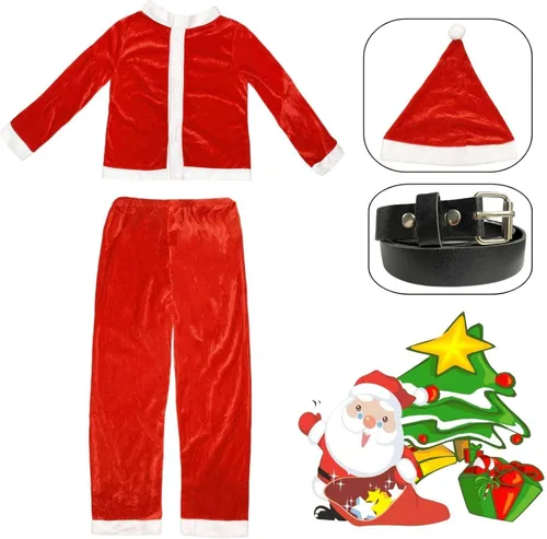 Vista 4 de Tangcii Disfraz de Papá Noel para niños traje de Papá Noel para niños traje de Navidad disfraz de terciopelo para Halloween 4 piezas vestido