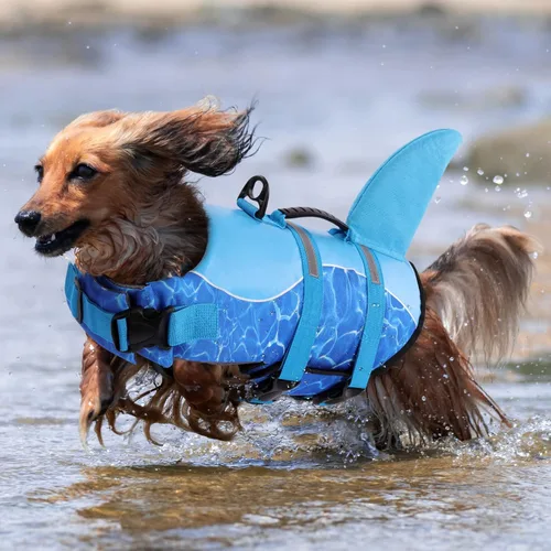 Vista 6 de Queenmore Chaleco Salvavidas para Perros Tiburón, Chaleco de Natación de Alta Flotabilidad, Chalecos Salvavidas para Perros Ajustables y Fáciles