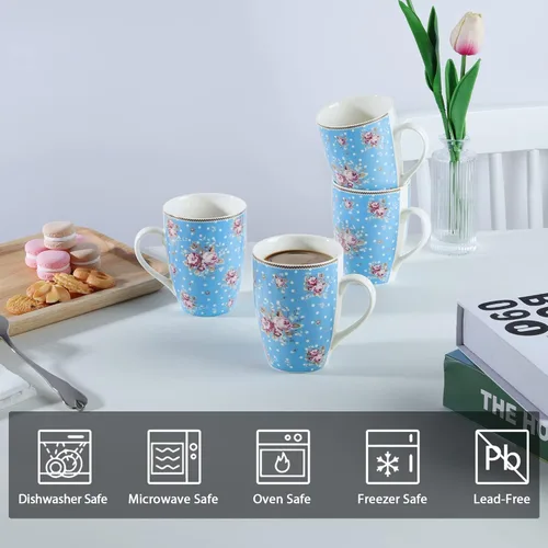 Vista 4 de fanquare Juego de 4 tazas de café de 12 onzas para mujer, juego de tazas de café de porcelana floral, tazas de café grandes de cerámica azul