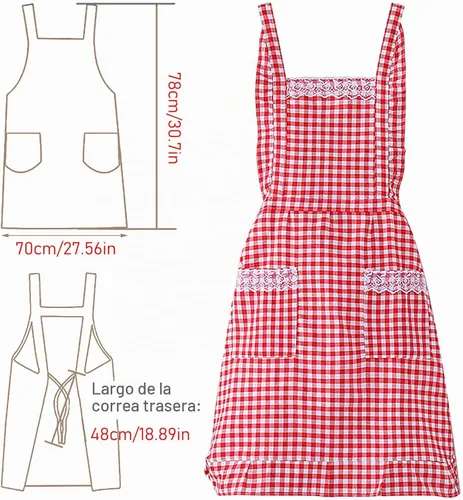 Vista 2 de Delantal clásico vintage para mujer, delantal de algodón a cuadros rojo y blanco, babero de chef de cocina para el hogar
