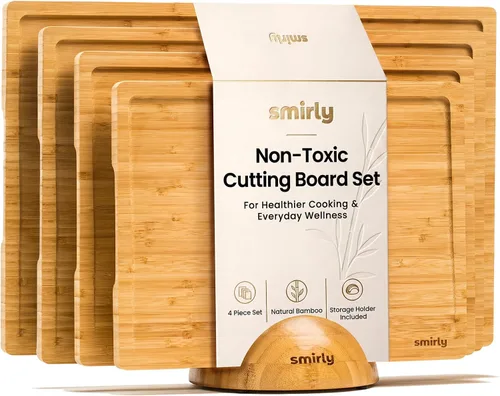 Vista 10 de SMIRLY Juego de tablas de cortar de bambú, tabla de cortar y tablas de cortar de madera para cocina, tabla de cortar de madera pequeña y bloque