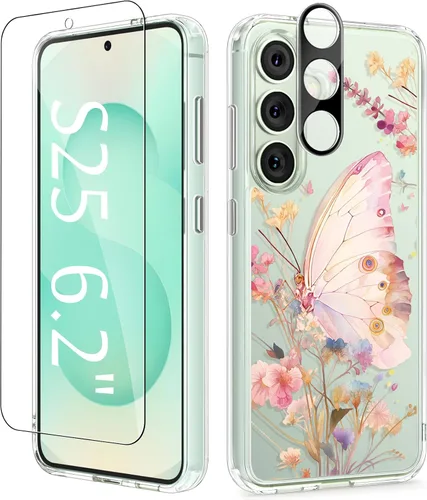 Vista 24 de GVIEWIN Funda protectora para Samsung Galaxy S25, transparente floral, delgada, a prueba de golpes, para mujer, no se pone amarilla, con protector
