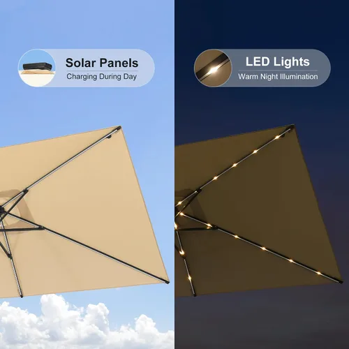 Vista 7 de PURPLE LEAF Sombrilla LED para patio y piscina, 5 x 8 pies, con base para Beige