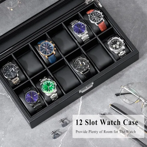 Vista 3 de BEWISHOME Caja de reloj, caja de reloj de 12 ranuras con tapa de vidrio grande, caja de reloj para hombre, organizador de caja de reloj, caja