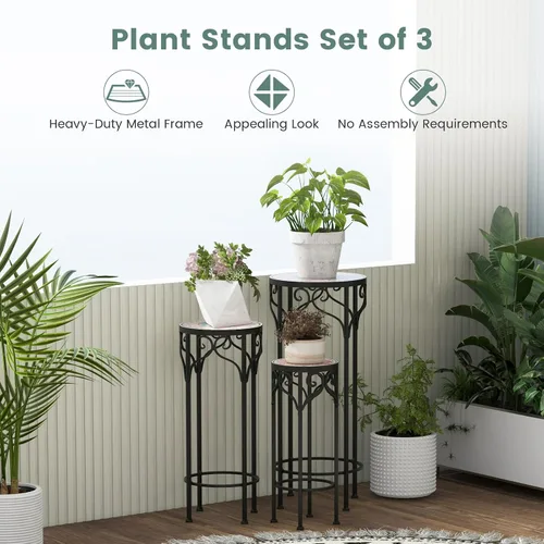 Vista 5 de Giantex Juego de 3 soportes de metal para plantas, de 28 pulgadas, soporte de flores alto de mosaico con parte superior de cerámica, mesa auxiliar