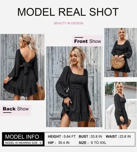 Vista 2 de Dokotoo - Vestido para mujer con manga larga tipo farol, cuello cuadrado, espalda descubierta con lazo, sexy vestido acampanado con volantes