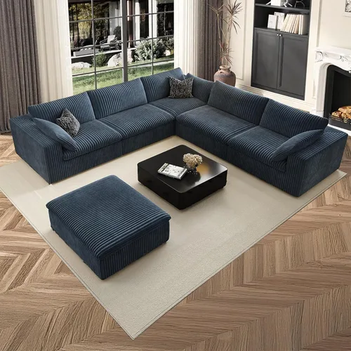 Vista 74 de 118" Cloud Couch Oversized Modular Sectional Sofa, Boneless L-Shaped 6 Seater Deep Seat Couch with Ottoman, Soft Corduroy Upholstery, DIY Negro
