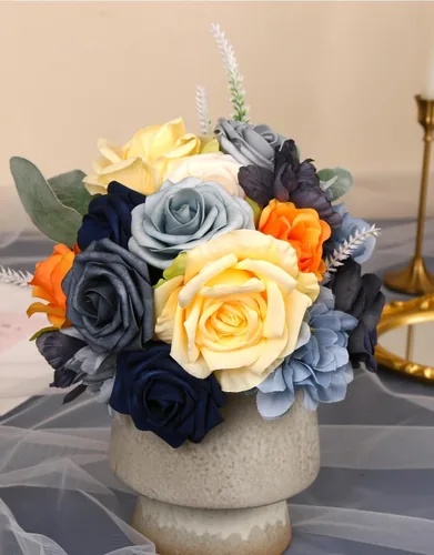 Vista 3 de Caja de flores artificiales azul marino, rosas de dalias de seda con tallos para manualidades, ramos de boda, centros de mesa, arreglos, decoración