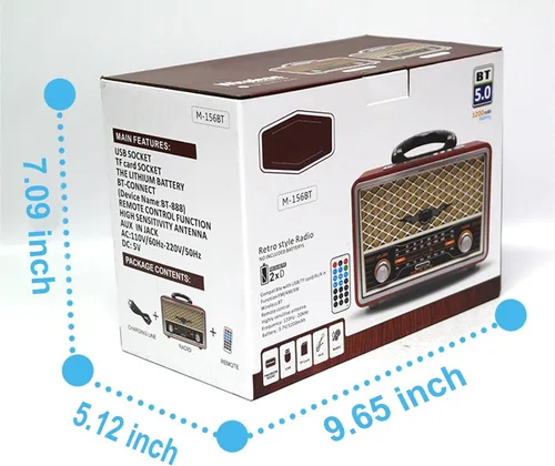 Vista 6 de M-156BT Radio retro portátil FM AM SW, con Bluetooth, batería recargable, tarjeta TF de soporte, reproducción USB, altavoz estéreo, radio DSP