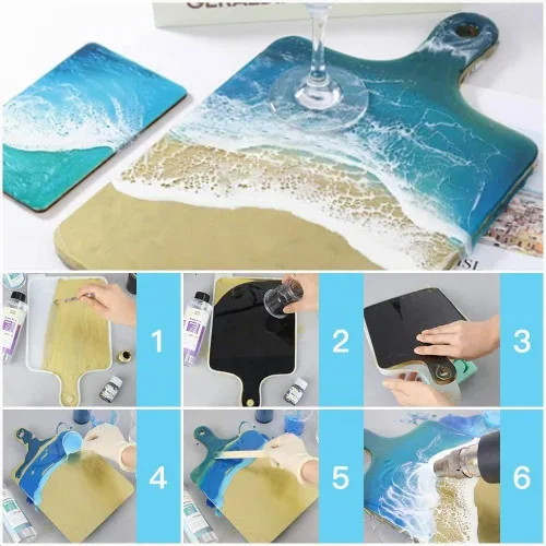 Vista 4 de Moldes de bandeja de silicona de resina, molde de fundición de epoxi para bricolaje, tabla de cortar rectangular grande con asa, esencial de cocina