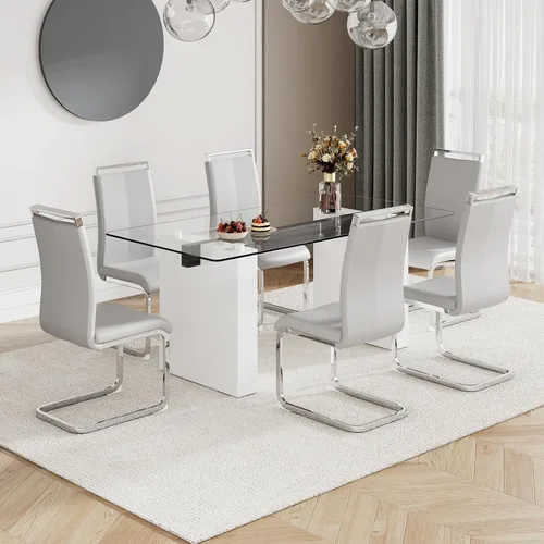 Vista 11 de Juego de mesa de comedor de vidrio de 71 pulgadas para 6, mesa de comedor para 6, mesa de vidrio templado con marco de MDF blanco y 6 sillas