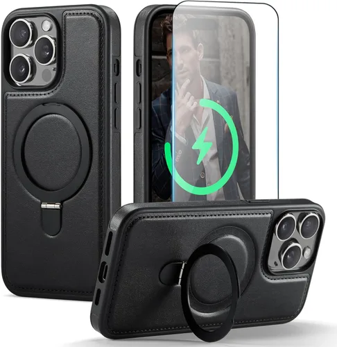 Vista 19 de Funda para iPhone 13 con soporte compatible con Magsafe, color negro Magnetic Kickstand, with Tempered Glass Screen Protector, Durable PU Leather