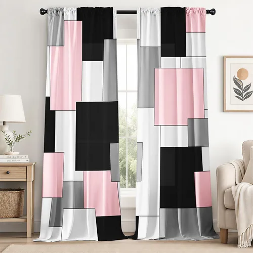 Vista 17 de Cortinas negras y grises para sala de estar, 63 pulgadas de largo, cortinas geométricas modernas, negras, blancas, grises, abstractas, con bolsillo