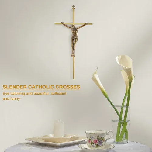 Vista 5 de Leinuosen Crucifijo de pared de 4 piezas de cruz católica delgada de metal para decoración del hogar, colgante de Jesús, 10 x 5 x 1 pulgadas (dorado)