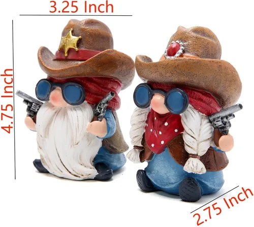 Vista 6 de Hodao Figuras de Gnomo de Vaquero y Vaquera - Gnomos de Resina Occidental Pintados a Mano con Sombreros de Vaquero, Insignia del Sheriff y Bandana