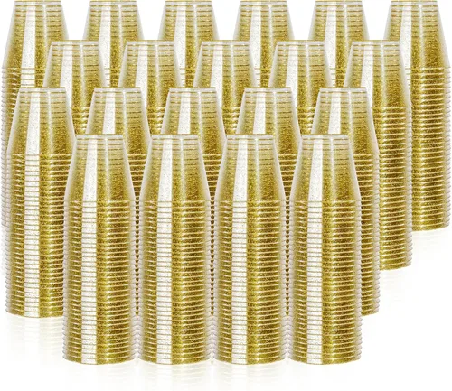 Vista 14 de I00000 Paquete de 100 unidades de vasos de plástico dorado de 12 onzas, vasos desechables con borde dorado, vasos de vino desechables y copas