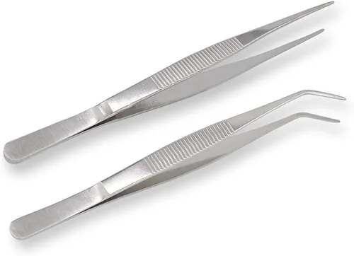Vista 7 de Pinzas de acero inoxidable de 5 pulgadas con punta dentada recta y curvada, pinzas multiusos para reparación de manualidades, paquete de 2