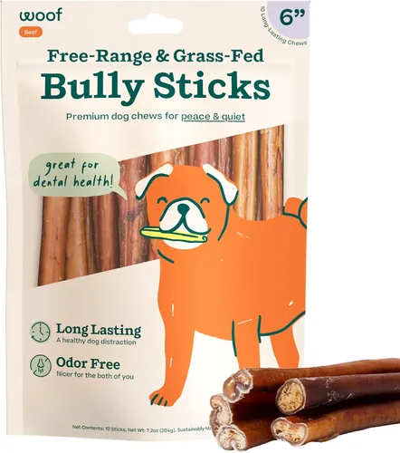 Vista 10 de WOOF Bully Sticks Golosinas para Perros - Palitos Masticables para Perros - Golosinas Masticables para Perros de Larga Duración - Hechos con Carne