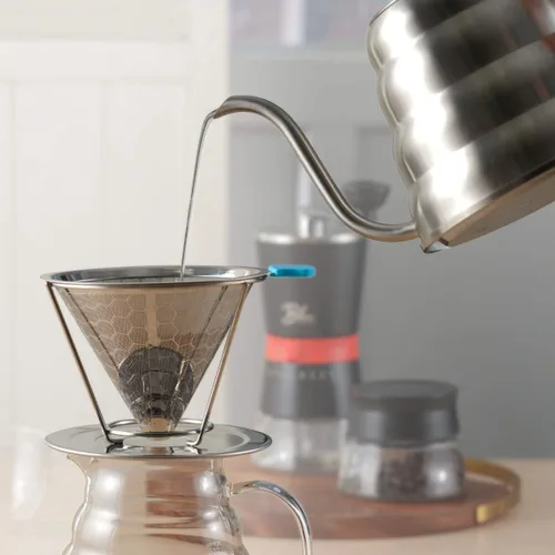 Vista 3 de Blue Brew Estufa de cuello de cisne, tetera con termómetro, cafetera de 40 onzas para café y té, hervidor de café de acero inoxidable, compatible