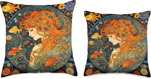 Vista 3 de Red haired Art Nouveau Woman Of The Waters Hermosa almohada estilo Art Nouveau de la mujer pelirroja de las aguas, 16 x 16 pulgadas, multicolor