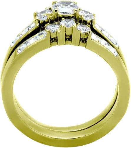Vista 4 de Juego de 3 piezas de anillos de compromiso para él y para ella de oro IP de circonia cúbica